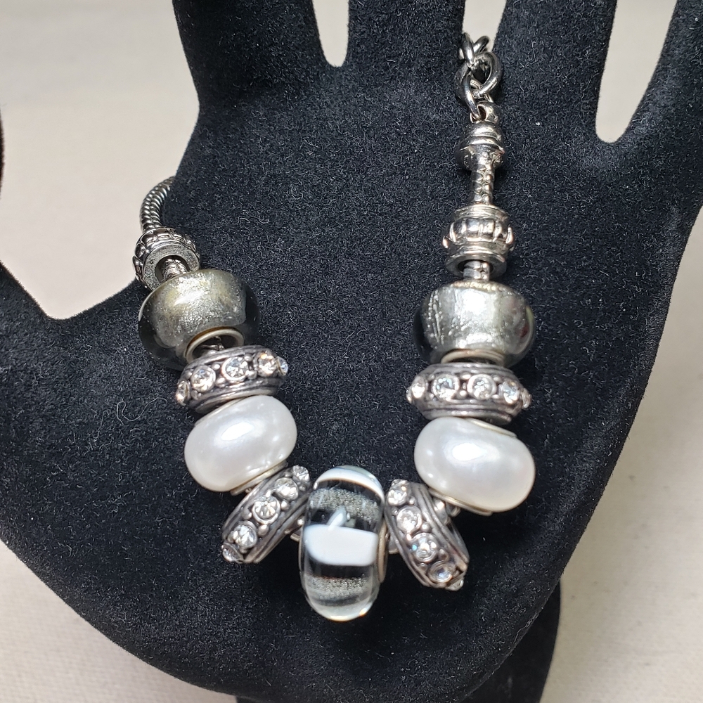 Glass charm, silver & crystal bracelet